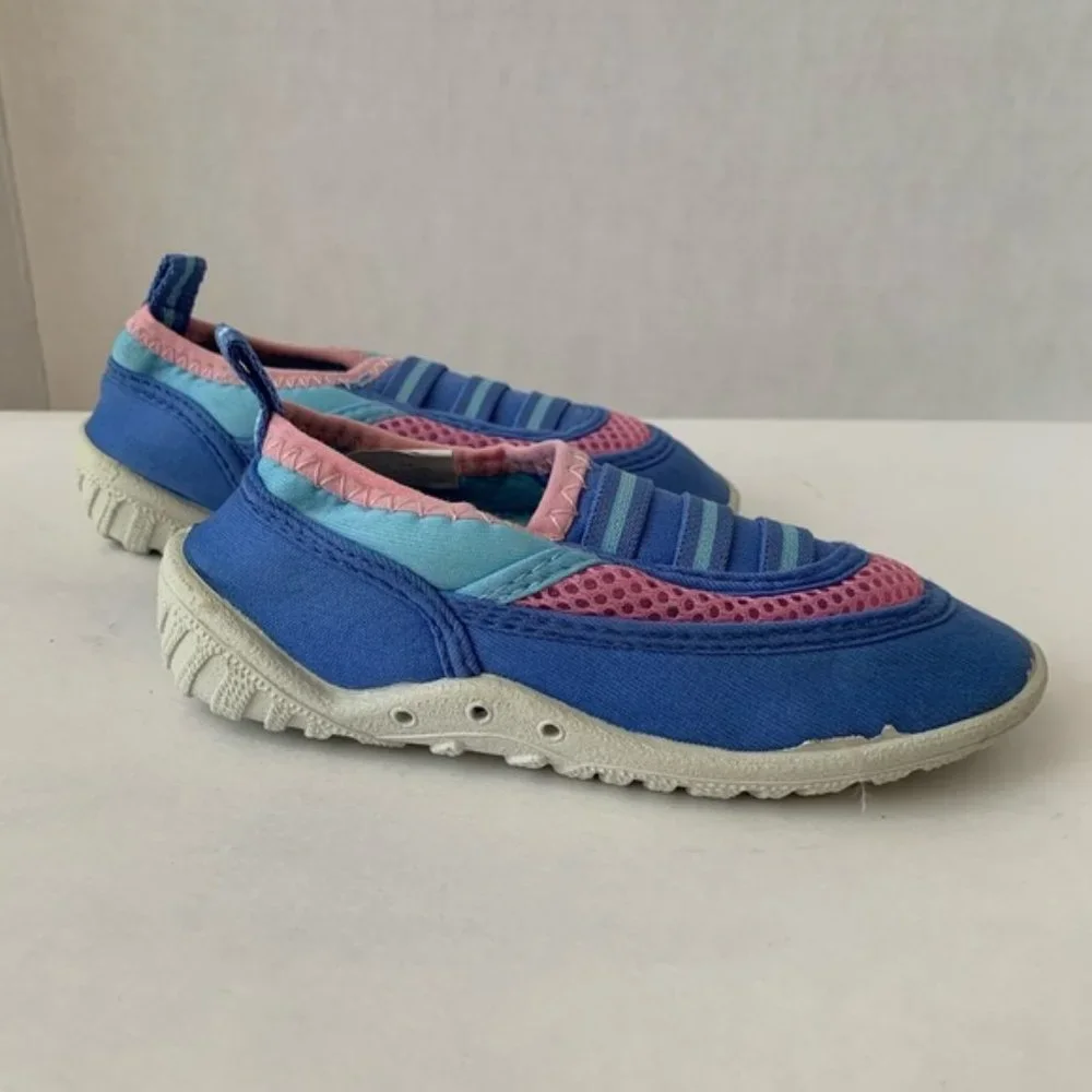 Vintage NWOT Water Shoes Toddler Girls 11 Blue Pink Pool Rubber Non-Slip Bottoms